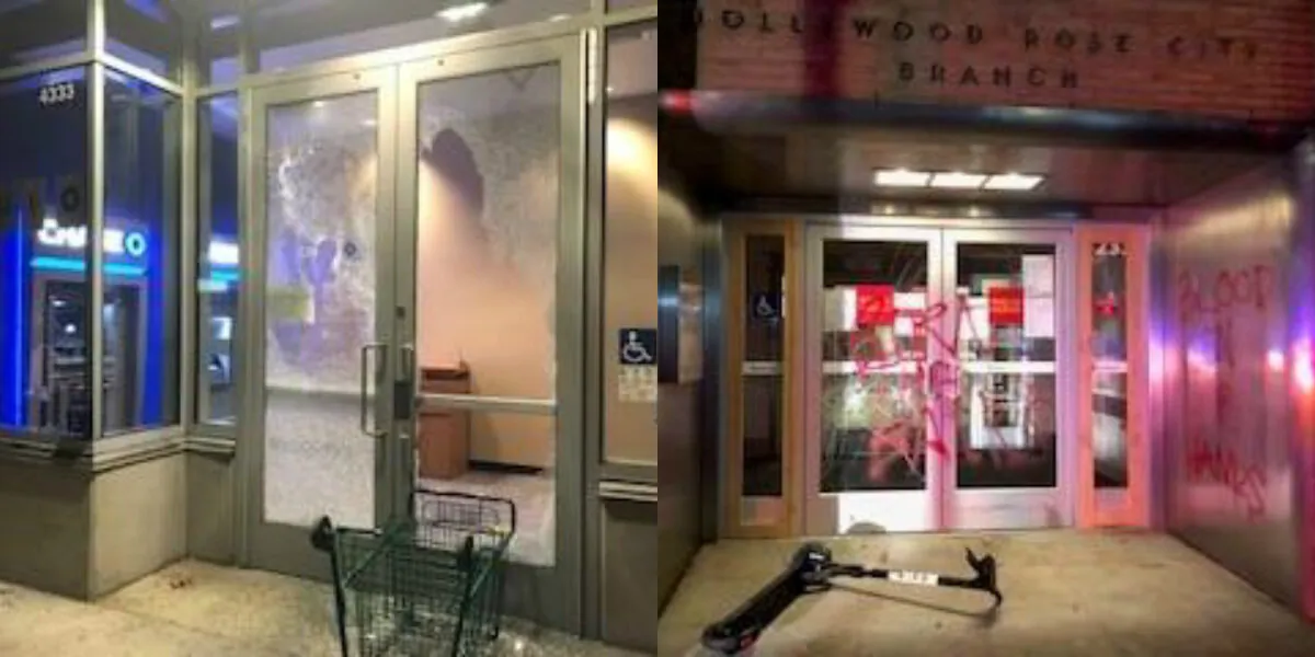Damage to businesses inflicted by rioters in Portland, Ore., on Nov. 20, 2020. (Portland Police Bureau)