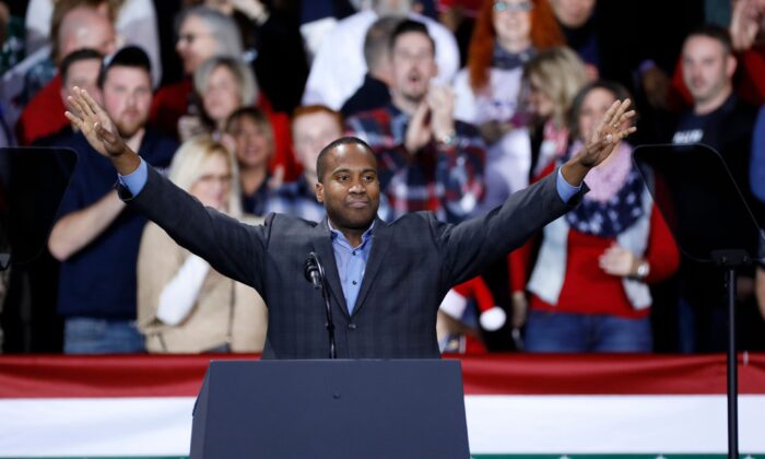 Michigan Republican Senate candidate John James speaks at a Keep America Great Rally at Kellogg Arena in Battle Creek, Mich., on Dec. 18, 2019. (Jeff Kowalsky/AFP via Getty Images)