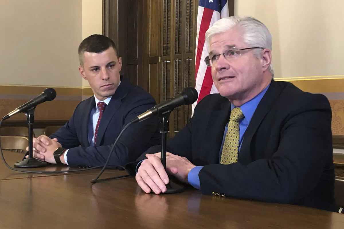 Senate Majority Leader Mike Shirkey, right, and House Speaker Lee Chatfield speak to the media at the Michigan Capitol in Lansing, Mich., on Jan. 30, 2020. (David Eggert/AP Photo)