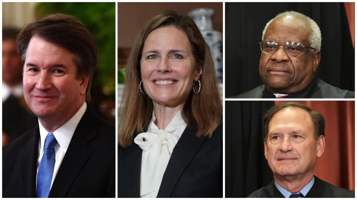 Supreme Court Justices (L-R) Brett Kavanaugh, Amy Coney Barrett, Clarence Thomas, Samuel Alito. (Credit L-R: Brendan Smialowski, Greg Nash, Mandel Ngan/AFP via Getty Images)