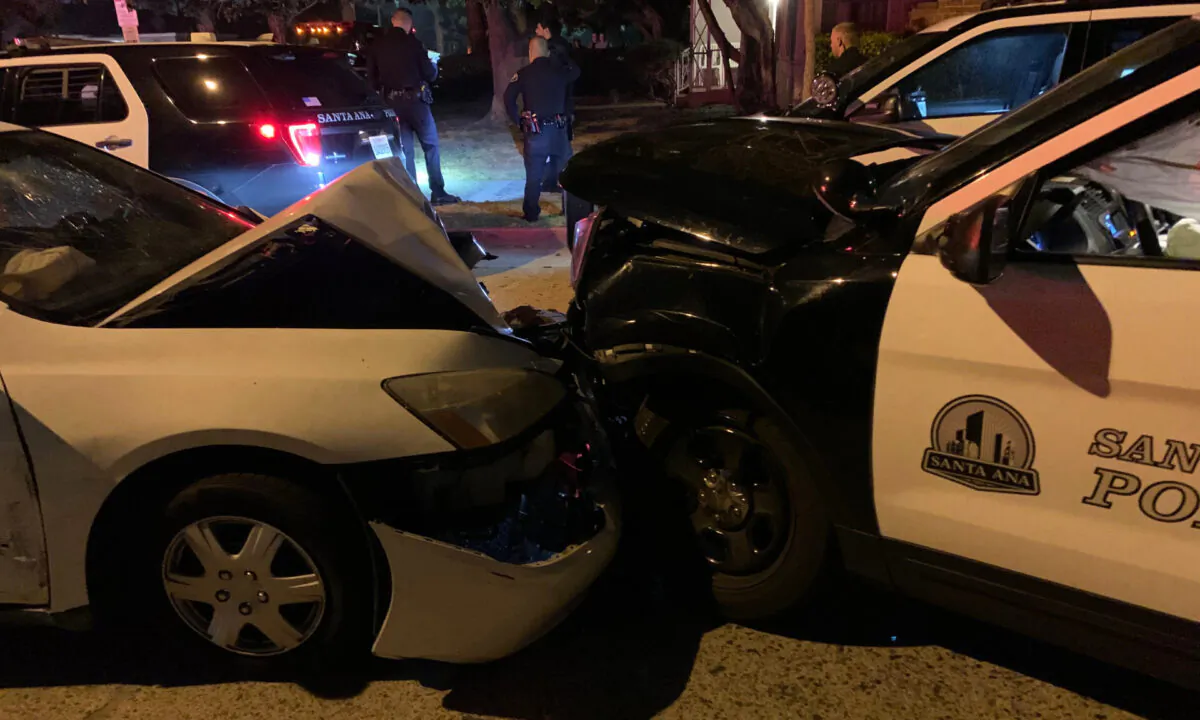 A man suspected of driving while impaired crashed into a parked Santa Ana Police Department vehicle in Santa Ana, Calif., on Nov. 20, 2020. (Courtesy of the Santa Ana Police Department)