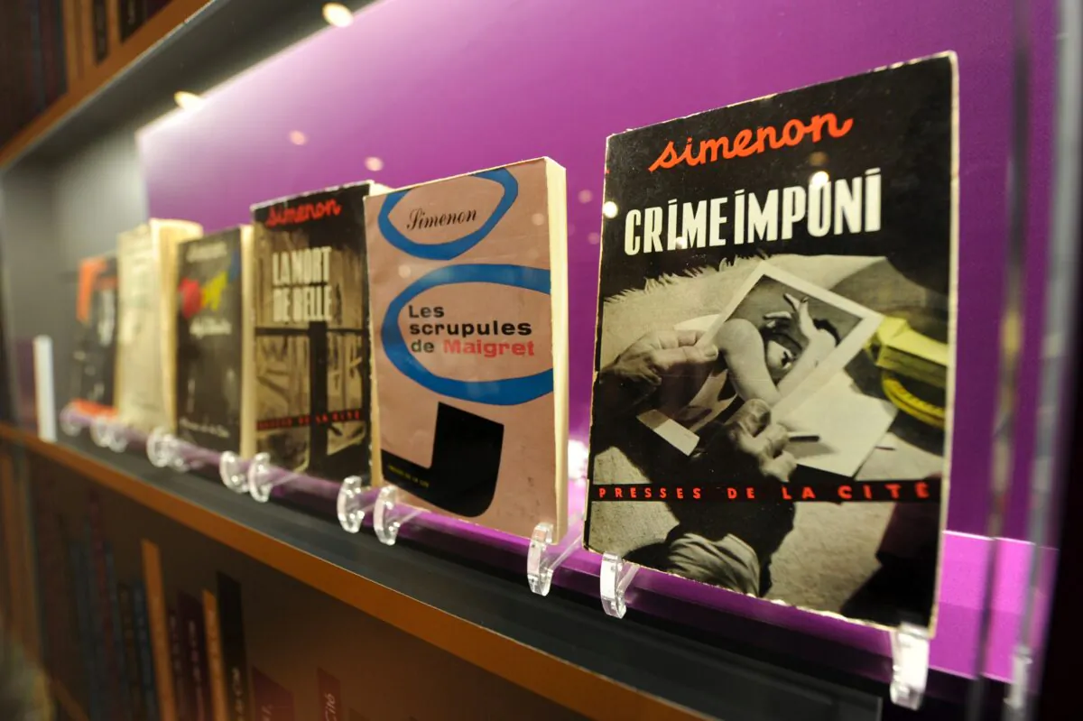 Books by Belgian-writer Georges Simenon at the Museum of Letters and Manuscripts, now permanently closed, in Brussels. (JOHN THYS/AFP via Getty Images)