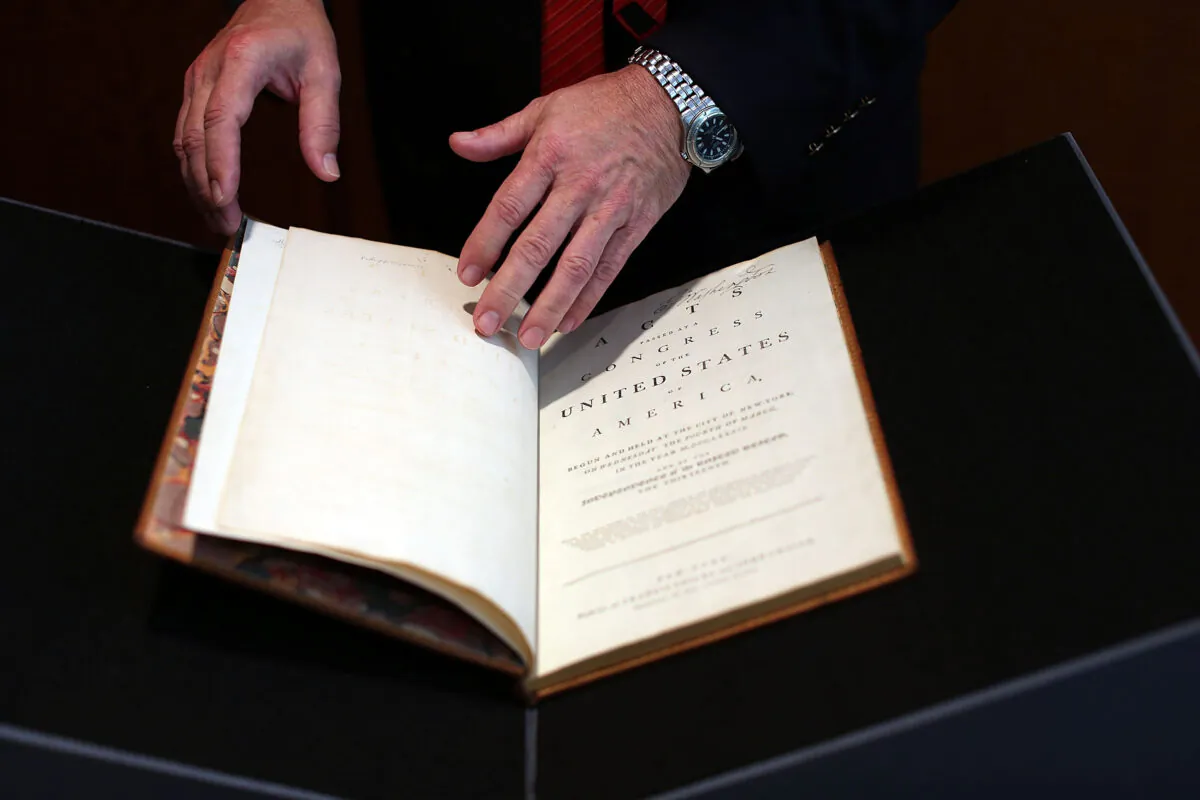 A copy of President George Washington's personal copy of the Constitution and Bill of Rights is viewed at Christie's auction house on June 15, 2012. (Spencer Platt/Getty Images)