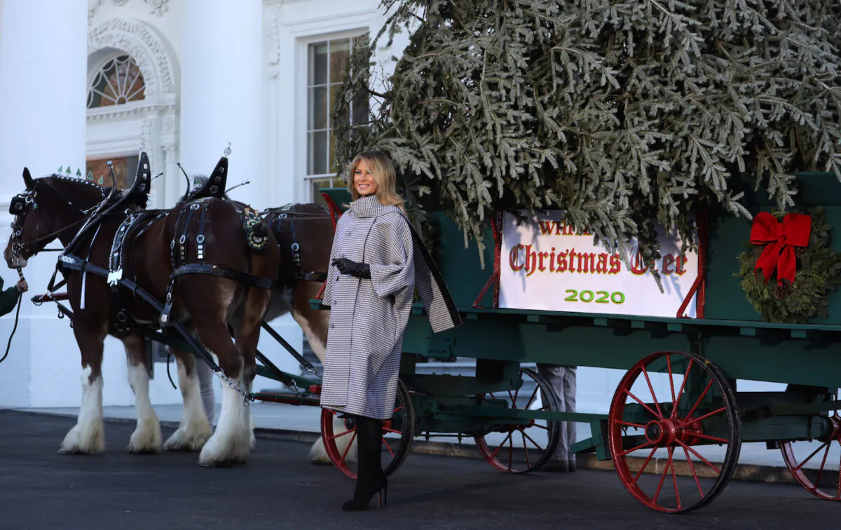 First Lady Melania Trump receives the 2020 White House Christmas Tree at the White House in Washington on Nov. 23, 2020. (Alex Wong/Getty Images)