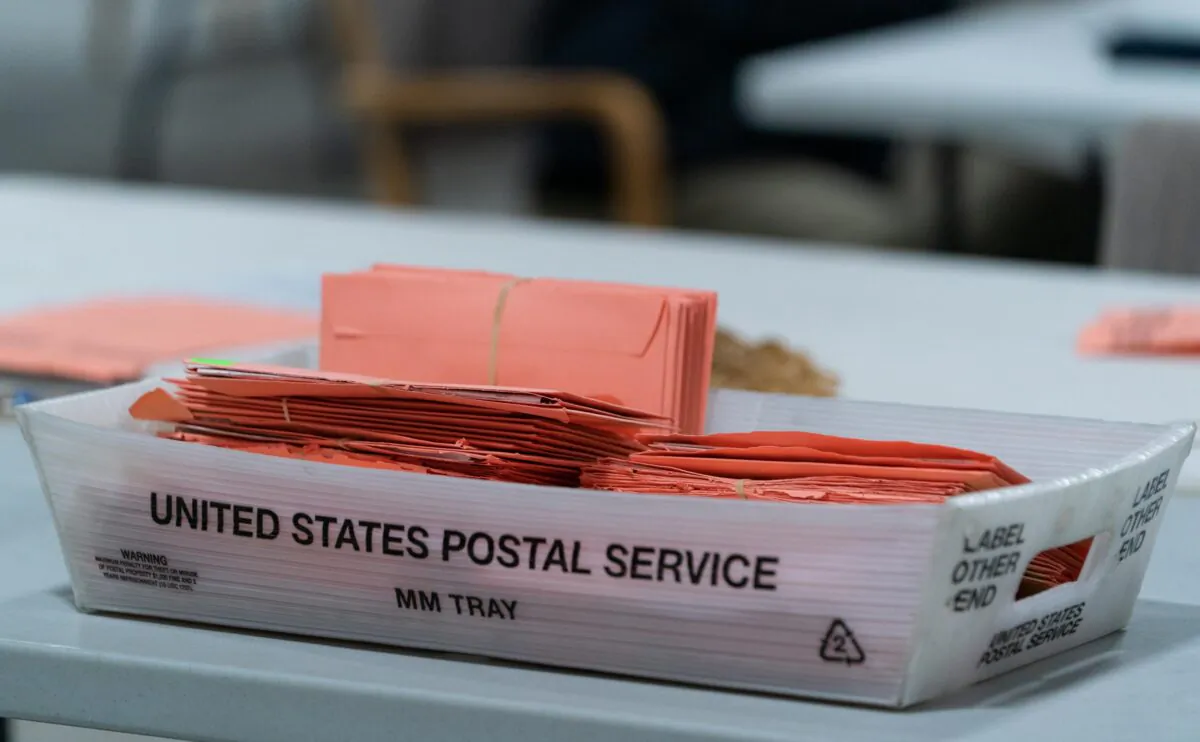 Provisional ballots in a postal service tray at the Gwinnett County Board of Voter Registrations and Elections offices in Lawrenceville, Georgia, on Nov. 7, 2020. Several counties in Georgia continued to count ballots even as news outlets have declared Joe Biden the winner of the race for President. (Photo by Elijah Nouvelage/Getty Images)