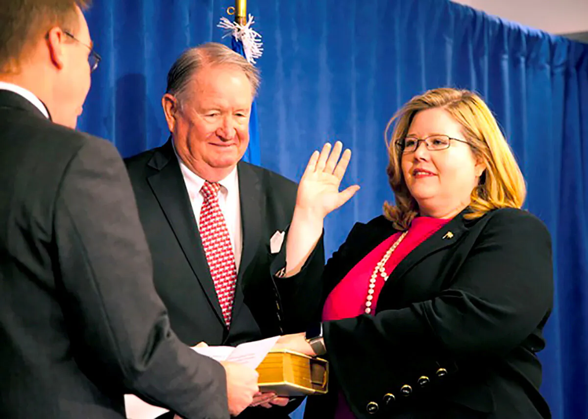 General Services Administration Administrator Emily Murphy, right, is sworn in, in Washington on Dec. 5, 2017. (GSA via Reuters)