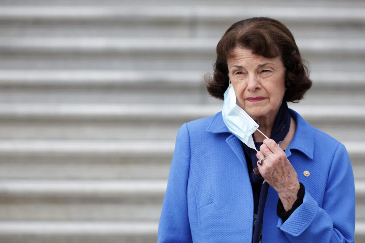 Sen. Dianne Feinstein (D-Calif.), ranking member of Senate Judiciary Committee, listens during a news conference in front of the U.S. Capitol in Washington, on Oct. 22, 2020. (Alex Wong/Getty Images)