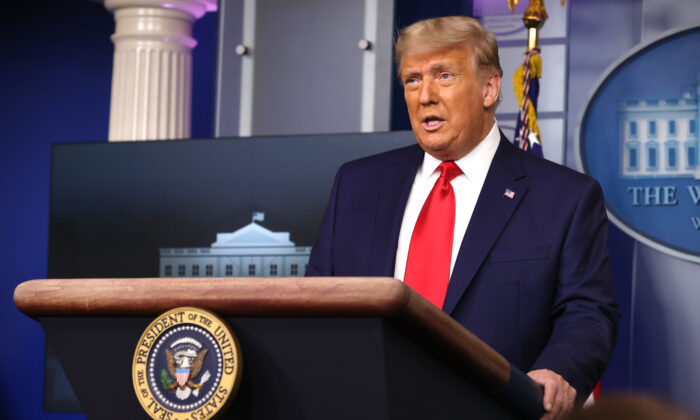 President Donald Trump speaks to the press in the James Brady Press Briefing Room at the White House in Washington on Nov. 24, 2020. (Chip Somodevilla/Getty Images)
