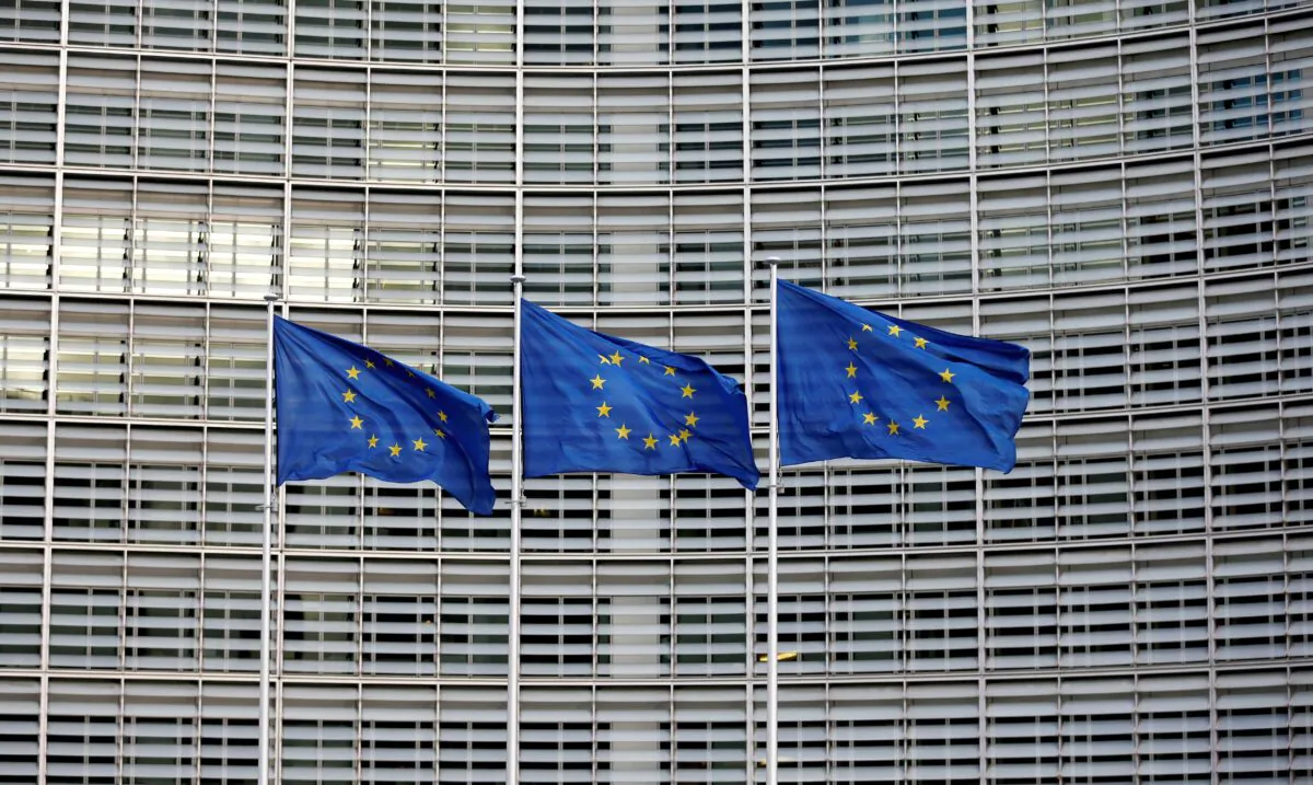 European Union flags flutter outside the EU Commission headquarters in Brussels, Belgium, on Jan. 18, 2018. (Francois Lenoir/Reuters)