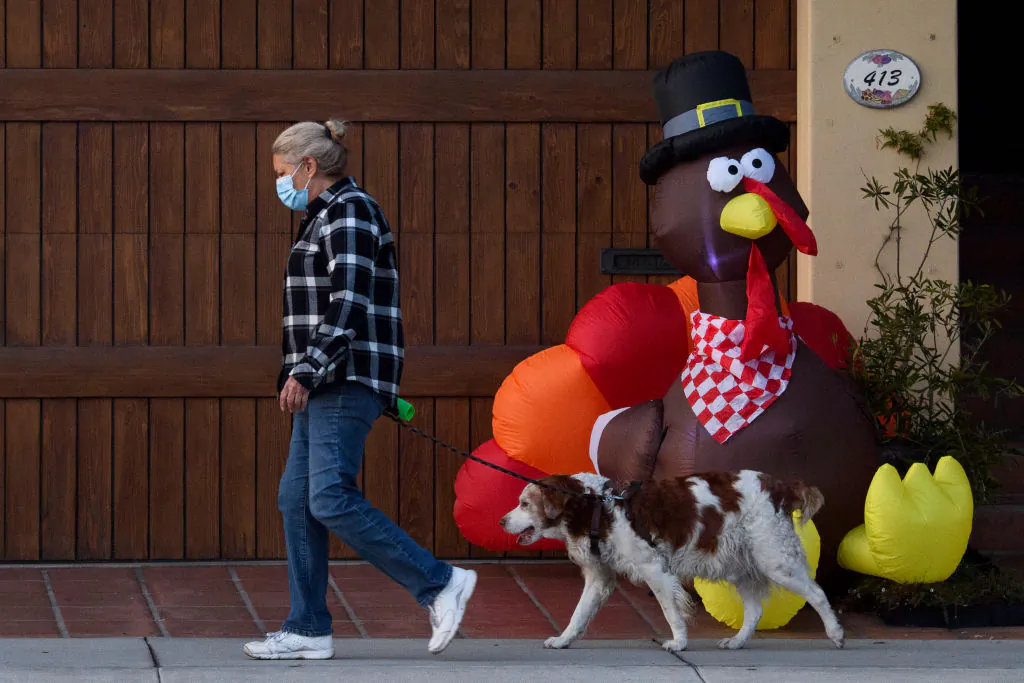 A pedestrian wearing a mask walks her dog past an inflatable turkey ahead of the Thanksgiving holiday during COVID-19 restrictions in Manhattan Beach, Calif., on Nov. 21, 2020. (Patrick T. Fallon/AFP via Getty Images)