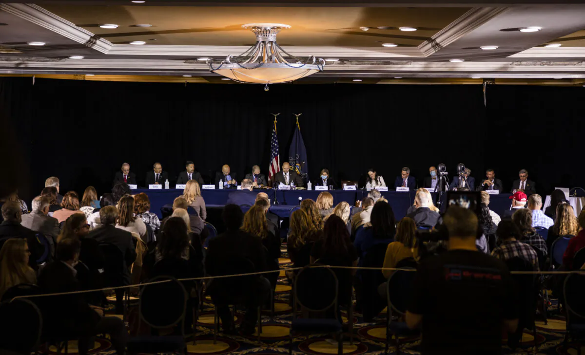 The Pennsylvania Senate Majority Policy Committee holds a public hearing Wednesday at the Wyndham Gettysburg hotel to discuss the 2020 election issues and irregularities with President Trump's lawyer Rudy Giuliani on Nov. 25, 2020 in Gettysburg, Pa. (Samuel Corum/Getty Images)