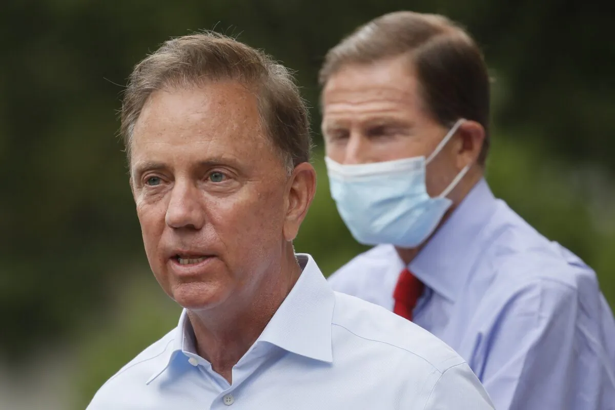 Connecticut Gov. Ned Lamont speaks to reporters in Westport, Conn., on Aug. 7, 2020. (John Minchillo/AP Photo)