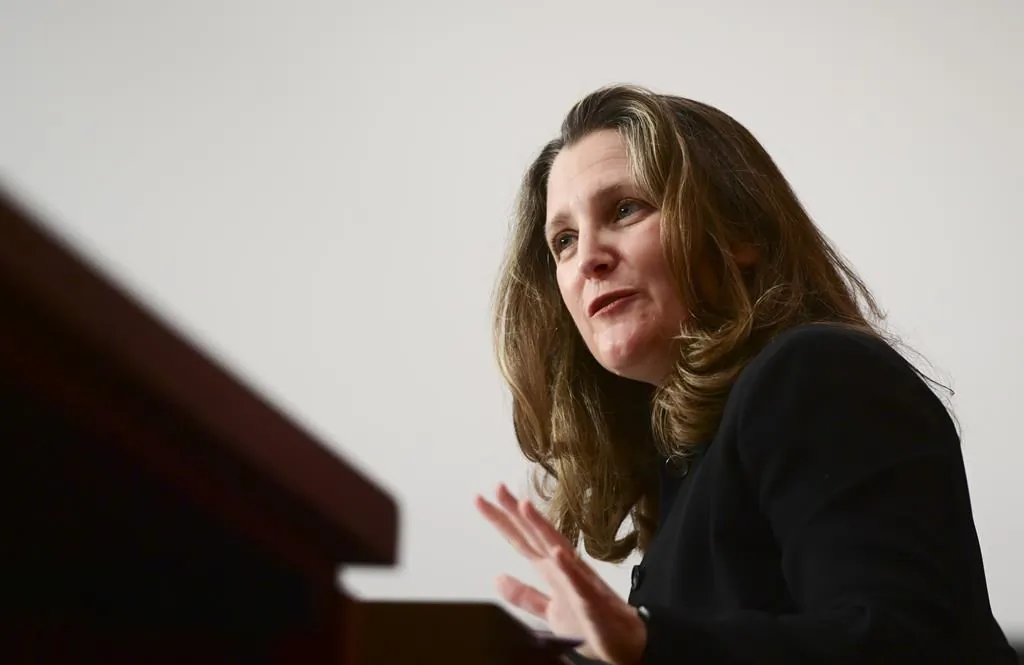Deputy Prime Minister Chrystia Freeland holds a media availability in Ottawa on Nov. 23, 2020. (The Canadian Press/Sean Kilpatrick)