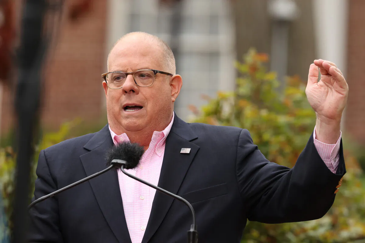 Maryland Gov. Larry Hogan talks to reporters during a news briefing in front of the Maryland State House in Annapolis, Md., on April 17, 2020. (Chip Somodevilla/Getty Images)
