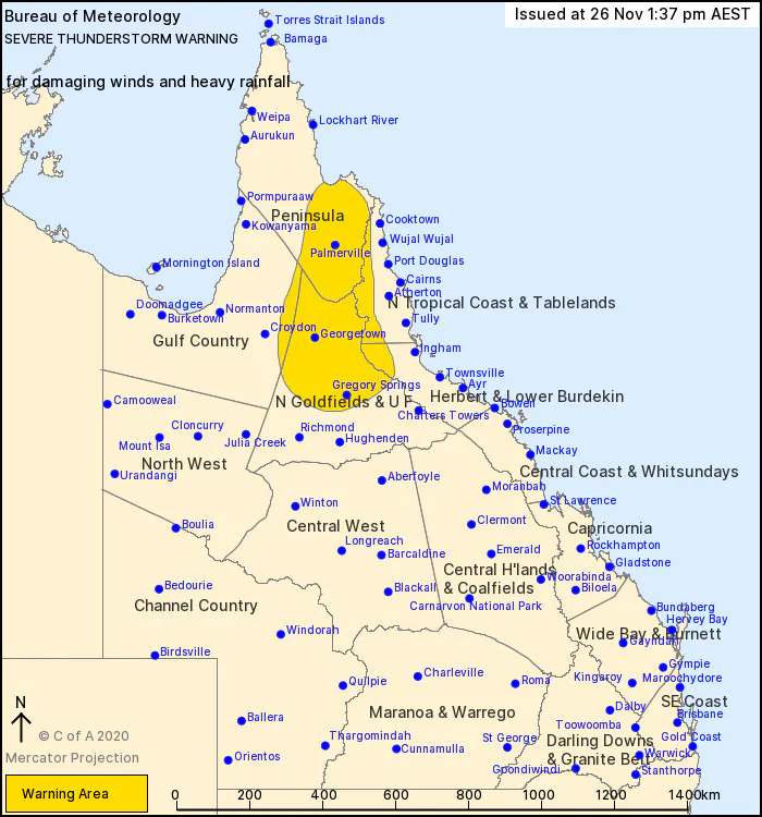 Bureau of Meteorology warning issued at Issued at 1:37 p.m. Thursday, Nov. 26, 2020.