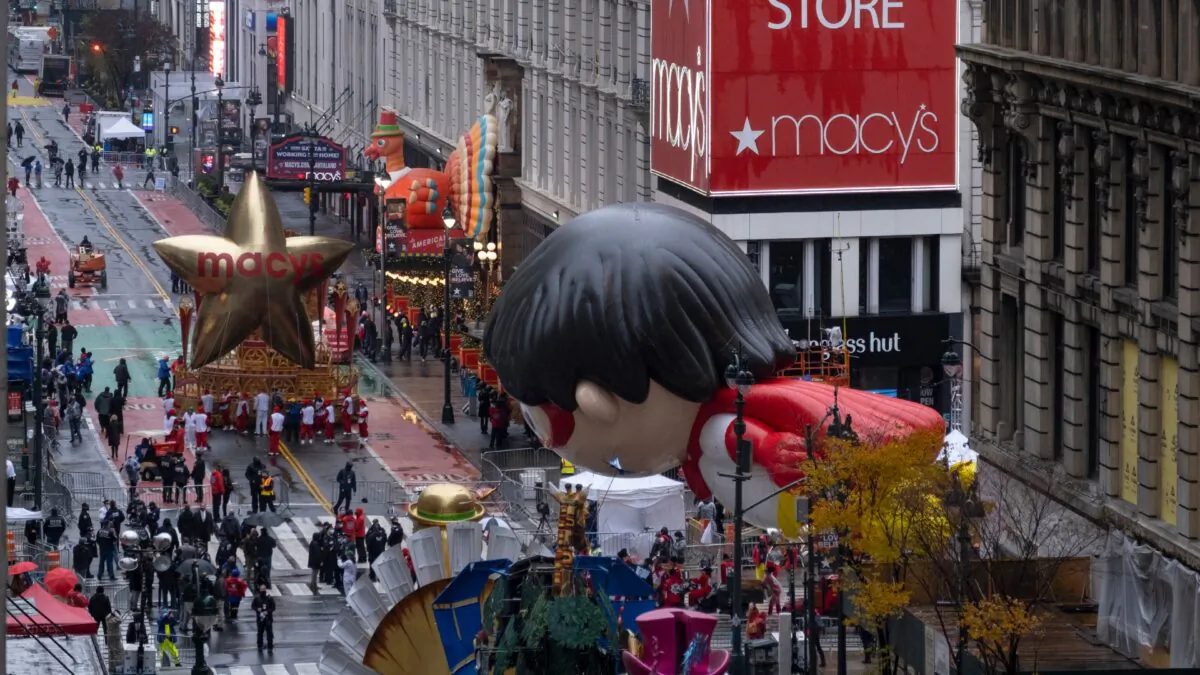 Floats that are part of the modified Macy's Thanksgiving Day Parade are seen from the Empire State Building in New York City, on Nov. 26, 2020. (Craig Ruttle/AP Photo)