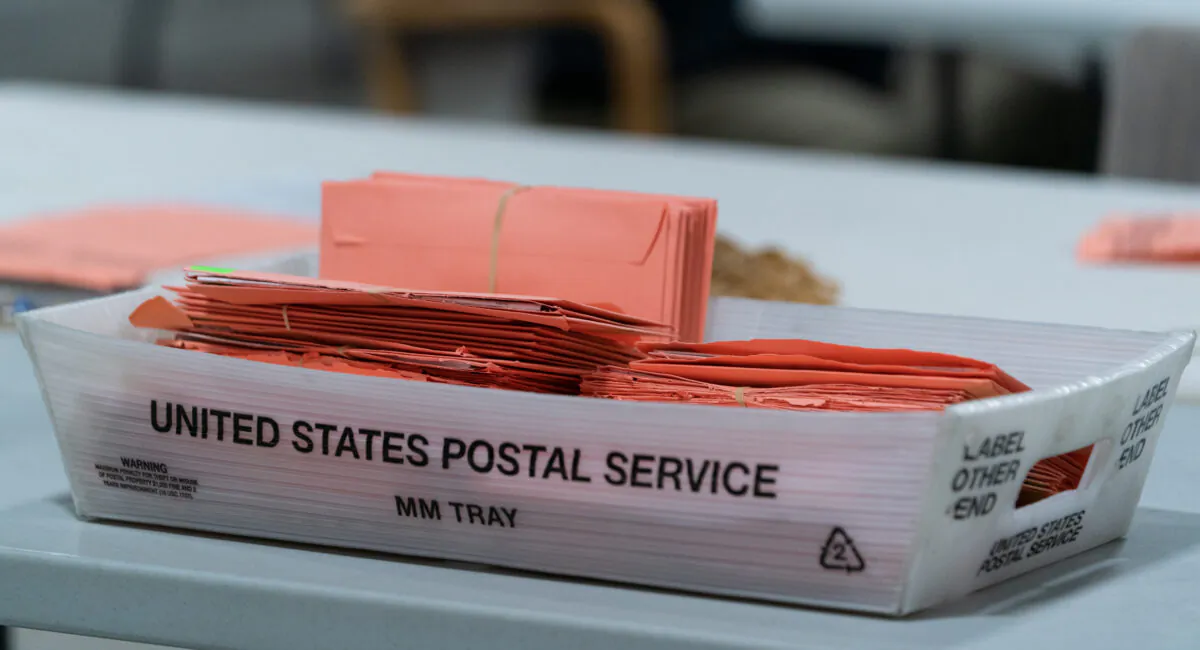 Provisional ballots are seen in a postal service tray at the Gwinnett County Board of Voter Registrations and Elections offices in Lawrenceville, Ga., on Nov. 7, 2020. (Elijah Nouvelage/Getty Images)