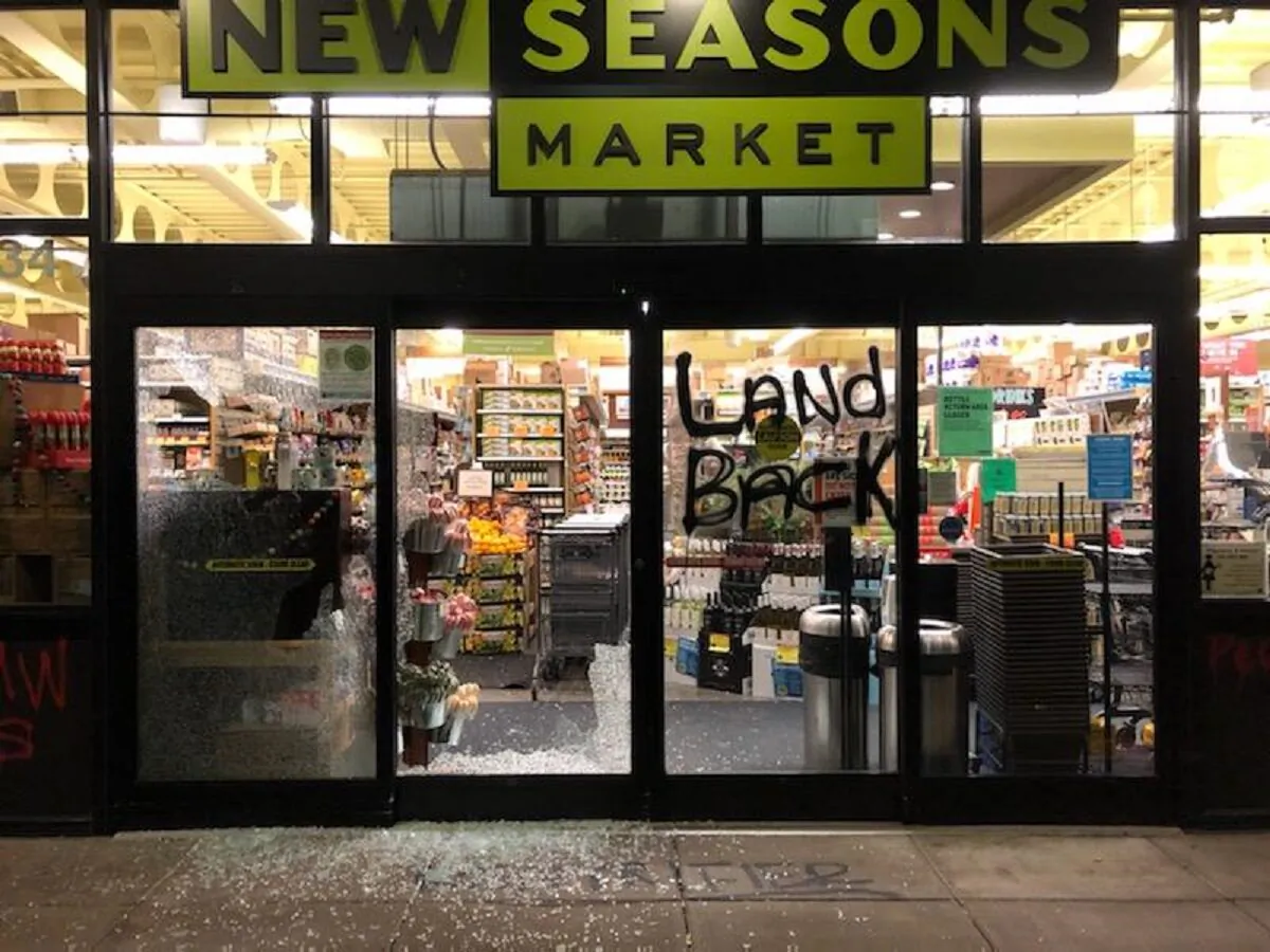 The New Seasons Market in Portland, Ore., was among businesses damaged during a riot on Nov. 26, 2020. (Portland Police Bureau)