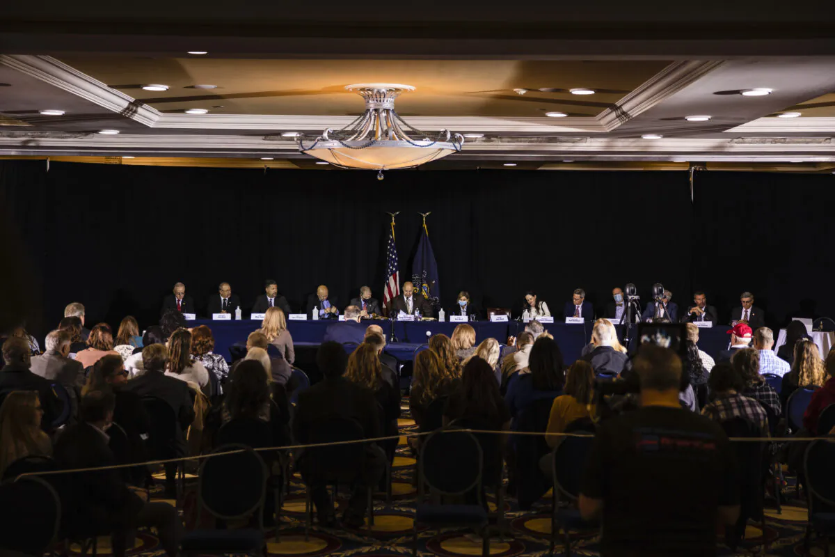 The Pennsylvania Senate Majority Policy Committee holds a public hearing Wednesday at the Wyndham Gettysburg hotel to discuss 2020 election issues and irregularities with President Trumps lawyer Rudy Giuliani in Gettysburg, Pa., on Nov. 25, 2020. (Samuel Corum/Getty Images)