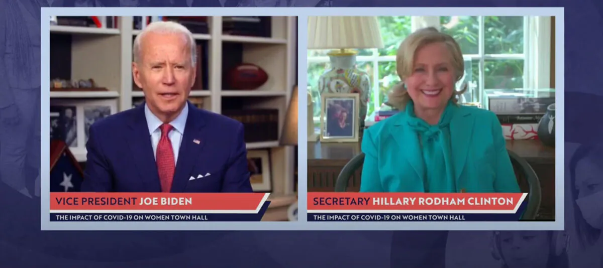 In this screengrab taken from the PBS News Hour website, former first lady, Senator, and Secretary of State Hillary Clinton joins former Vice President and Democratic presidential candidate Joe Biden during a live-streamed town hall in Wilmington, Del., on April 28, 2020. (PBS News Hour via Getty Images)