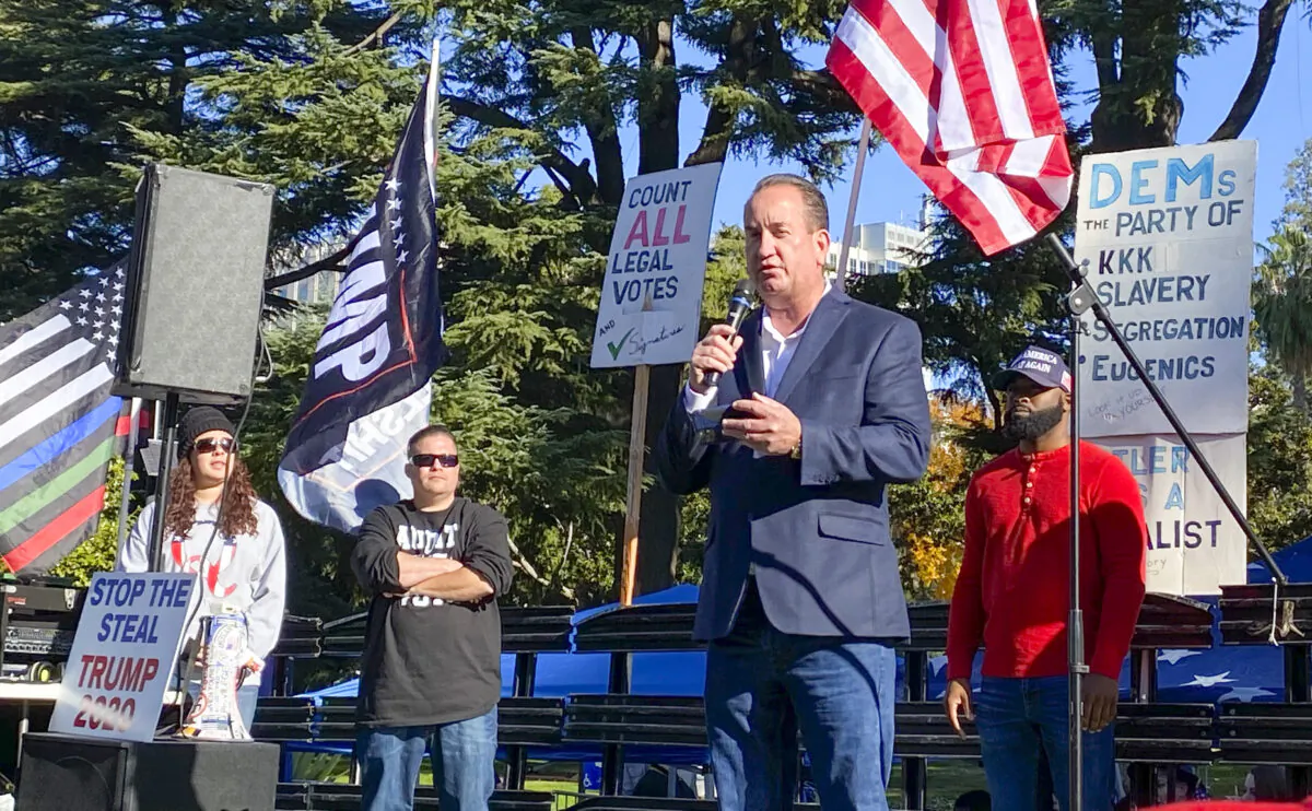 Mayor Paul Creighton of Atwater, Calif., attends a protest at the State Capitol in Sacramento to end the lockdown and support business owners on Nov. 28, 2020. (Ilene Eng/The Epoch Times)