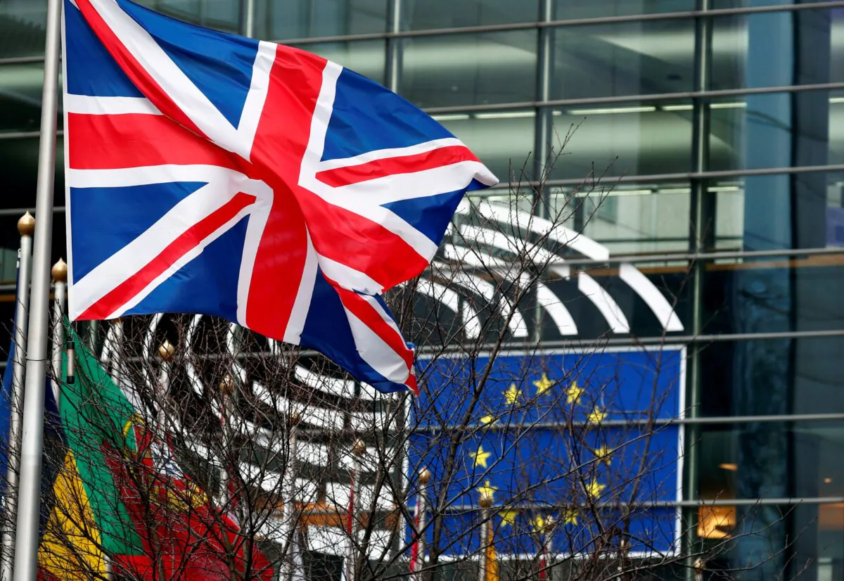A British Union Jack flag flutters outside the European Parliament in Brussels, Belgium, on Jan. 30, 2020. (Francois Lenoir/Reuters)