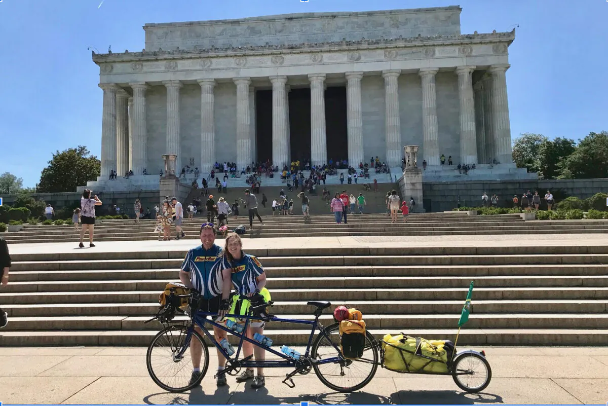Stuart and Caren McDowell arriving at the Lincoln Memorial in Washington, D.C., after 3,800 miles of bicycling across America, in June 2019. (Courtesy of Stuart McDowell)