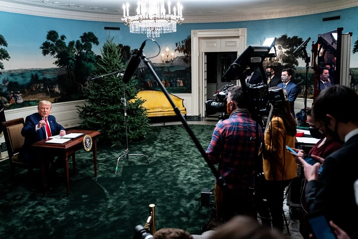 President Donald Trump speaks in the Diplomatic Room of the White House in Washington on Thanksgiving on Nov. 26, 2020. (Erin Schaff/Pool/Getty Images)
