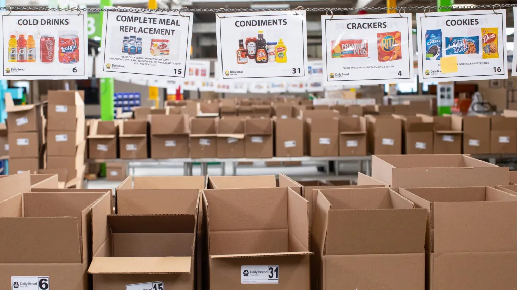 Boxes wait to be filled with provisions at The Daily Bread Food Bank warehouse in Toronto on March 18, 2020. (The Canadian Press/Chris Young)