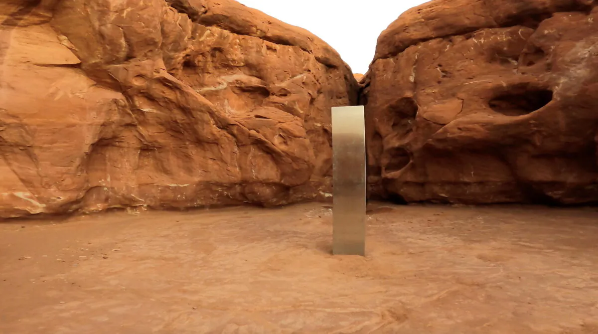In this still image from video, a metal monolith is seen in Red Rock Desert, Utah on Nov. 25, 2020. (@davidsurber_ via Reuters)