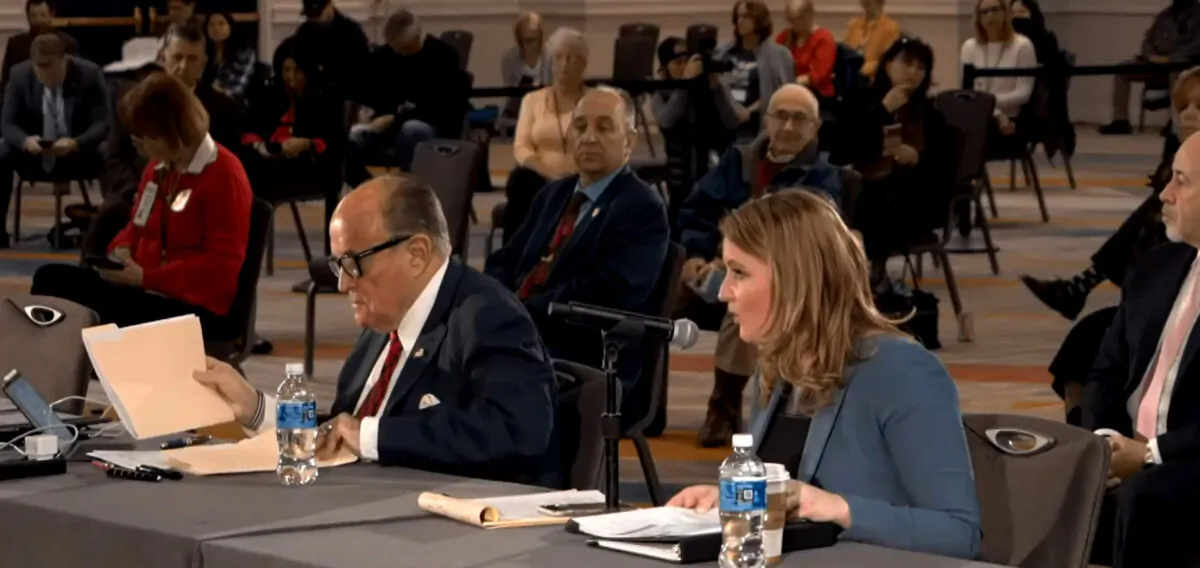 President Donald Trump’s lawyers Jenna Ellis and Rudy Giuliani, and members of Arizona State Legislature hold a public hearing on election integrity in Phoenix, Ariz., on Nov. 30, 2020. (Screenshot via NTD)