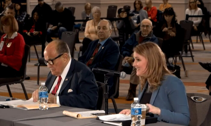 Then-President Donald Trump’s lawyers Jenna Ellis and Rudy Giuliani as seen at a hearing in Phoenix, Ariz., on Nov. 30, 2020. (Screenshot via NTD)