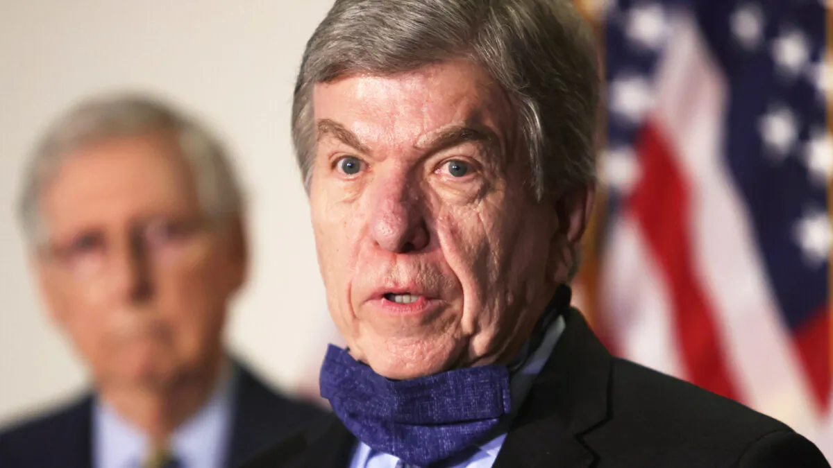 U.S. Sen. Roy Blunt (R-Mo.) speaks to the media as Senate Majority Leader Mitch McConnell (R-Ky.) looks on after the weekly Republican policy luncheon at Hart Senate Office Building on Capitol Hill in Washington on Sept. 22, 2020. (Alex Wong/Getty Images)
