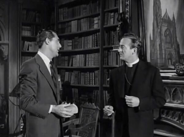 man and a bishop in a library