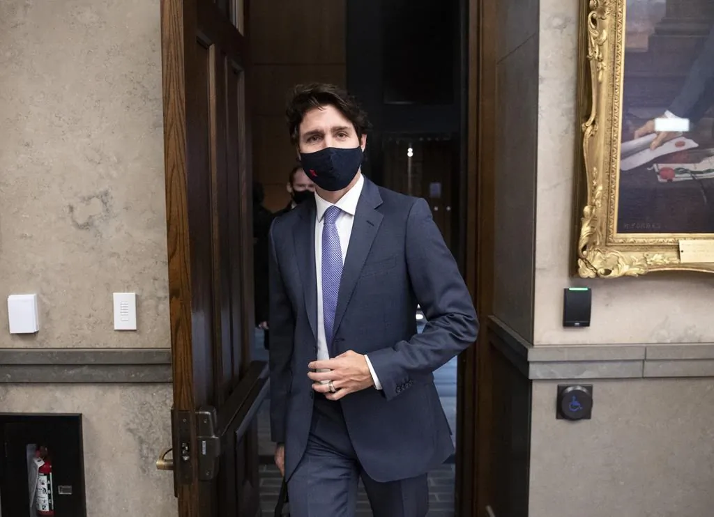 Prime Minister Justin Trudeau leaves the House of Commons after the tabling of the fiscal update on Parliament Hill in Ottawa, on Nov. 30, 2020. (The Canadian Press/Justin Tang)