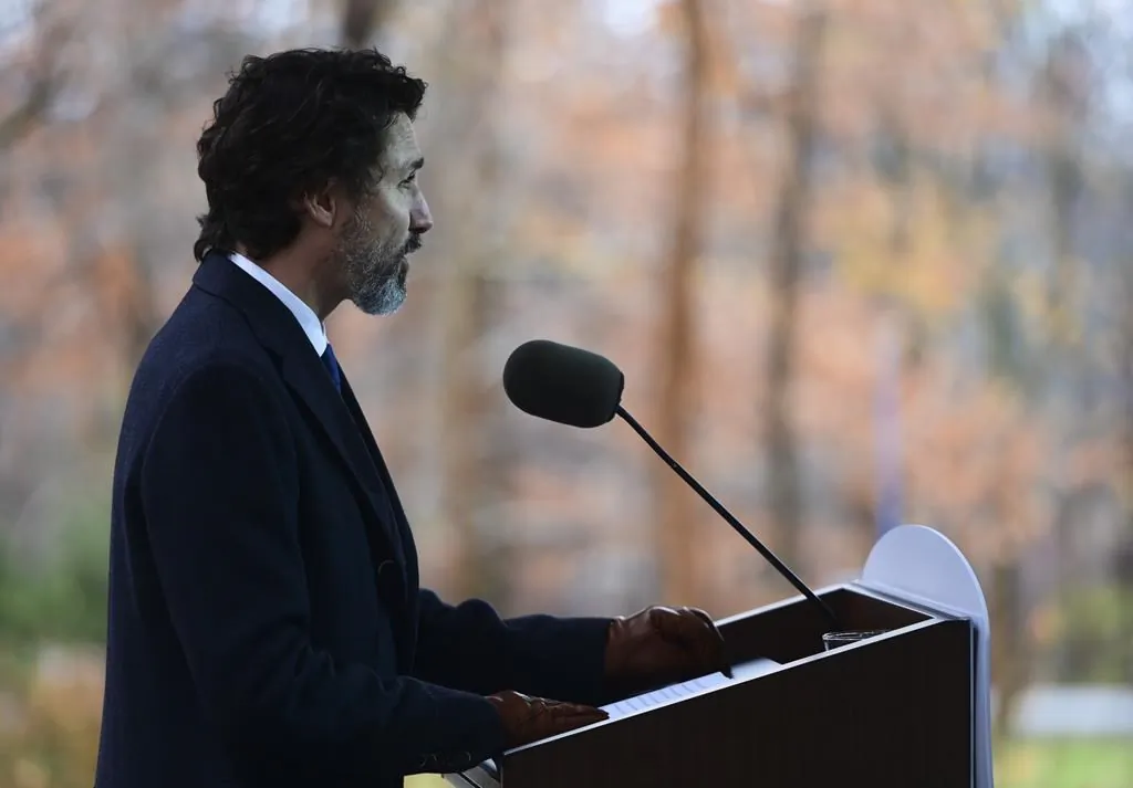 Prime Minister Justin Trudeau holds a press conference at Rideau Cottage during the COVID pandemic in Ottawa on Dec. 1, 2020. (The Canadian Press/Sean Kilpatrick)