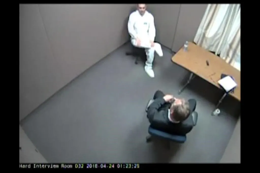 Alek Minassian, top, is seen during a police interview in a still frame taken from handout video footage. (The Canadian Press/HO-Superior Court of Justice, *MANDATORY CREDIT*)