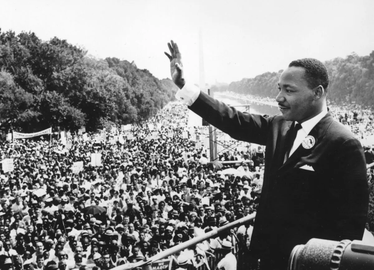 Civil rights leader Martin Luther King (1929–1968) addresses crowds during the "March on Washington" at the Lincoln Memorial in D.C., where he gave his "I have a dream" speech on Aug. 28, 1963. (Central Press/Getty Images)