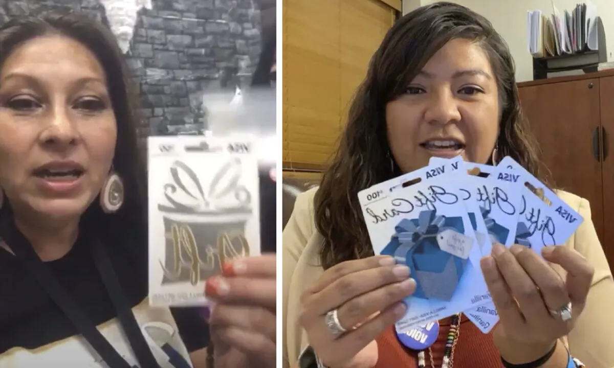 (Left) LaCarrie McCloud announces the names of five winners of a $50 raffle “that the Nevada Native Vote Project did today for all those voters who walked in and voted today.” (Right) Bethany Sam, the public relations officer for the Reno-Sparks Indian Colony, holding up four $100 Visa gift cards as part of a "virtual raffle" for people who prove they voted. (Screenshot/The Epoch Times)