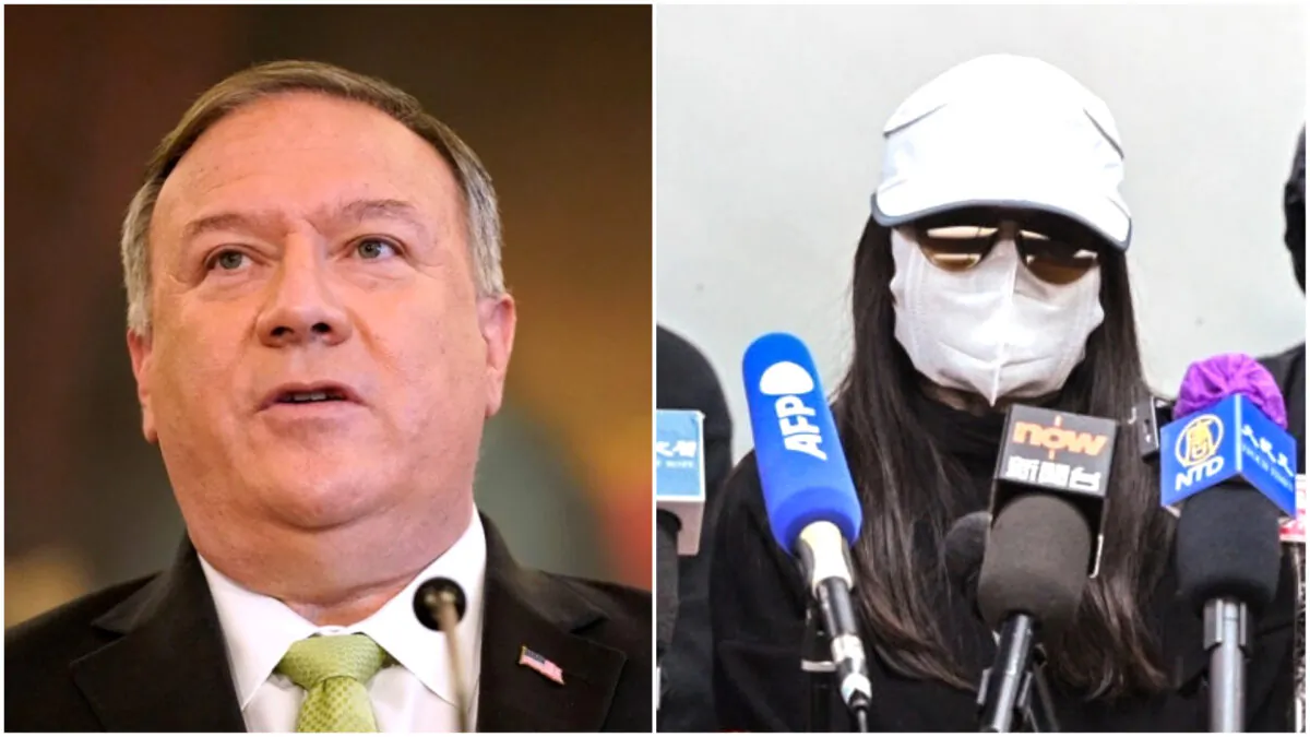 U.S. Secretary of State Mike Pompeo (L) in Washington on Sept. 21, 2020, and the family members of the "Hong Kong 12" (R) in Hong Kong on Dec. 28, 2020. (Patrick Semansky/Pool via REUTERS/Peter Parks/AFP via Getty Images)
