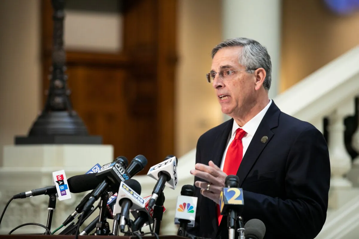 Georgia Secretary of State Brad Raffensperger holds a press conference on the status of ballot counting, in Atlanta, Ga., on Nov. 6, 2020. (Jessica McGowan/Getty Images)