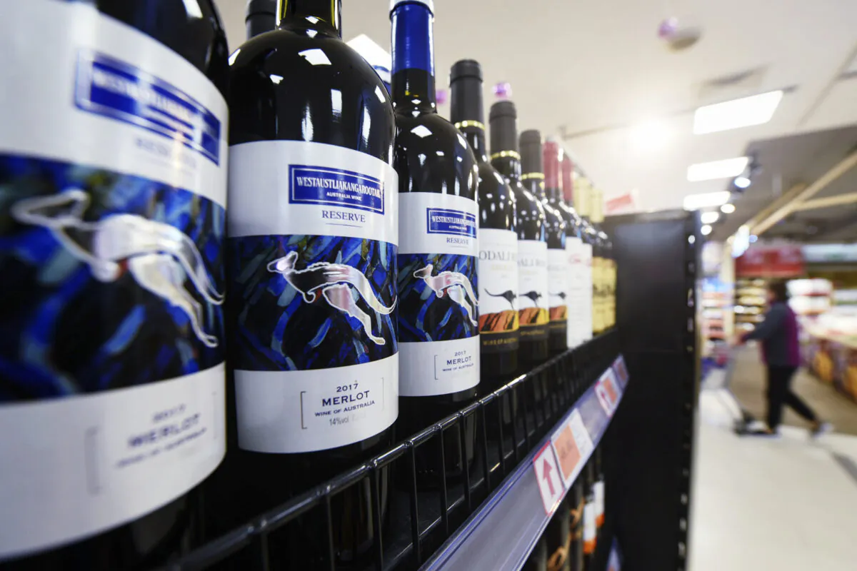 Bottles of Australian wine are displayed at a supermarket in Hangzhou, in eastern China's Zhejiang province on November 27, 2020. (Photo by STR/AFP via Getty Images)