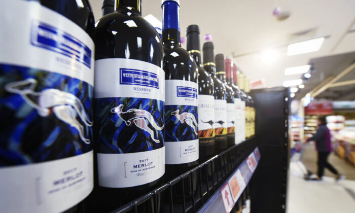 Bottles of Australian wine are displayed at a supermarket in Hangzhou, in eastern China's Zhejiang province on November 27, 2020. (STR/AFP via Getty Images)