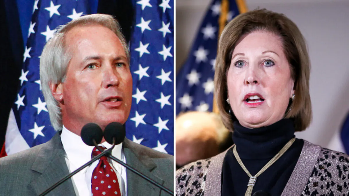 Lin Wood (L) speaks at a press conference in Scottsdale, Ariz., on Nov. 8, 2021. (Eric Thayer/Getty Images) Lawyer Sidney Powell (R) speaks at a press conference at the Republican National Committee headquarters in Washington on Nov. 19, 2020. (Charlotte Cuthbertson/The Epoch Times)