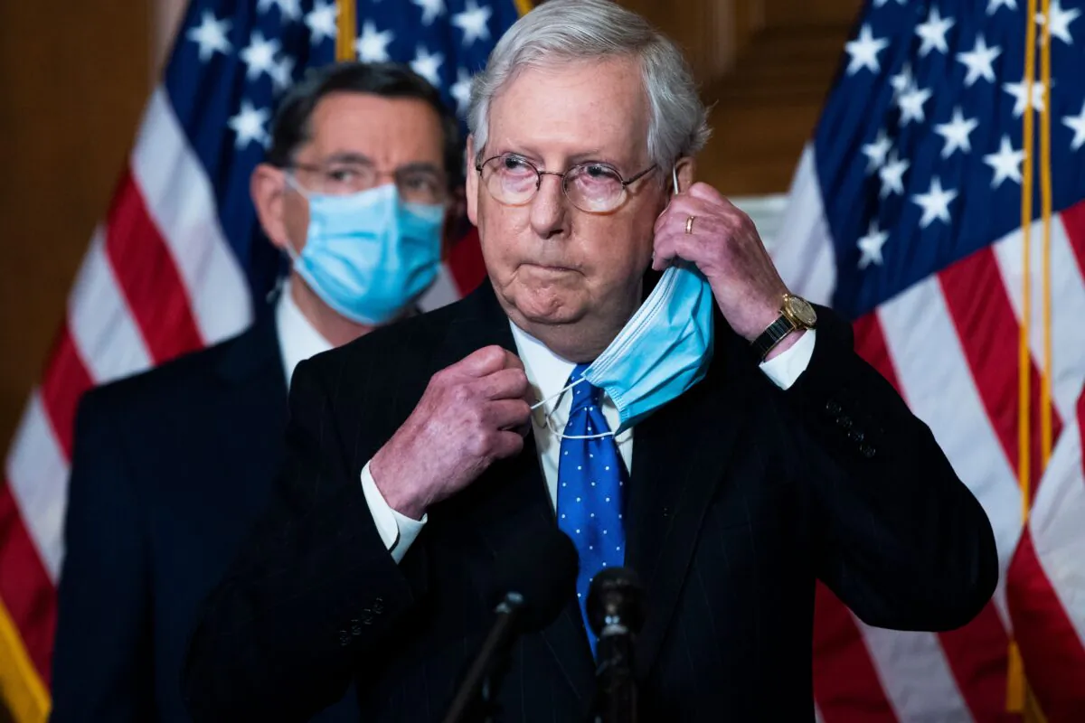 Senate Majority Leader Mitch McConnell (R-K.y.), hold a news conference after the Senate Republican Policy luncheon on Capitol Hill in Washington on Dec. 1, 2020. (Tom Williams/POOL/AFP via Getty Images)