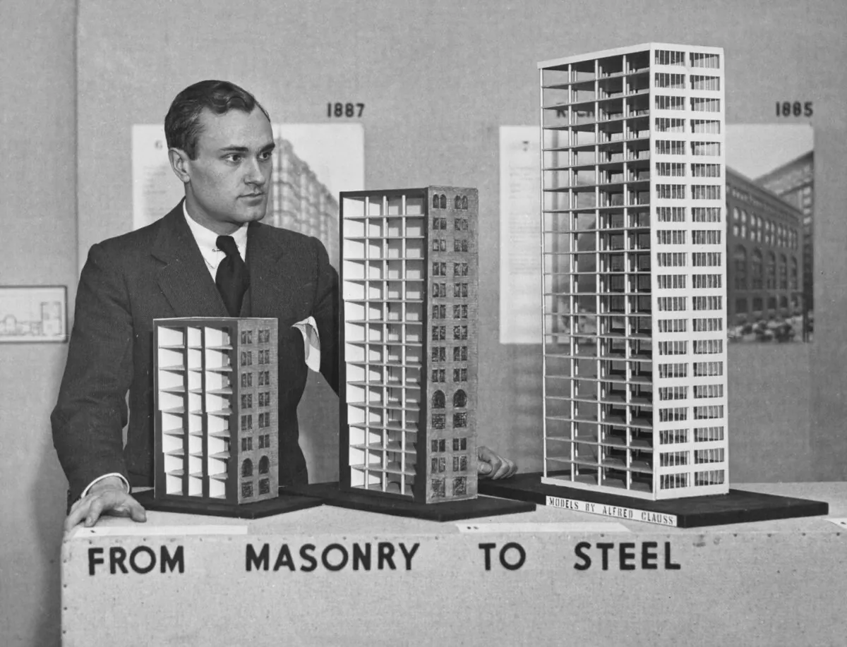 American architect Philip Johnson (1906–2005), chairman of the Department of Architecture of the Museum of Modern Art, at an exhibition held at the MoMA in New York City, N.Y., circa 1932. (Keystone-Underwood/FPG/Hulton Archive/Getty Images)