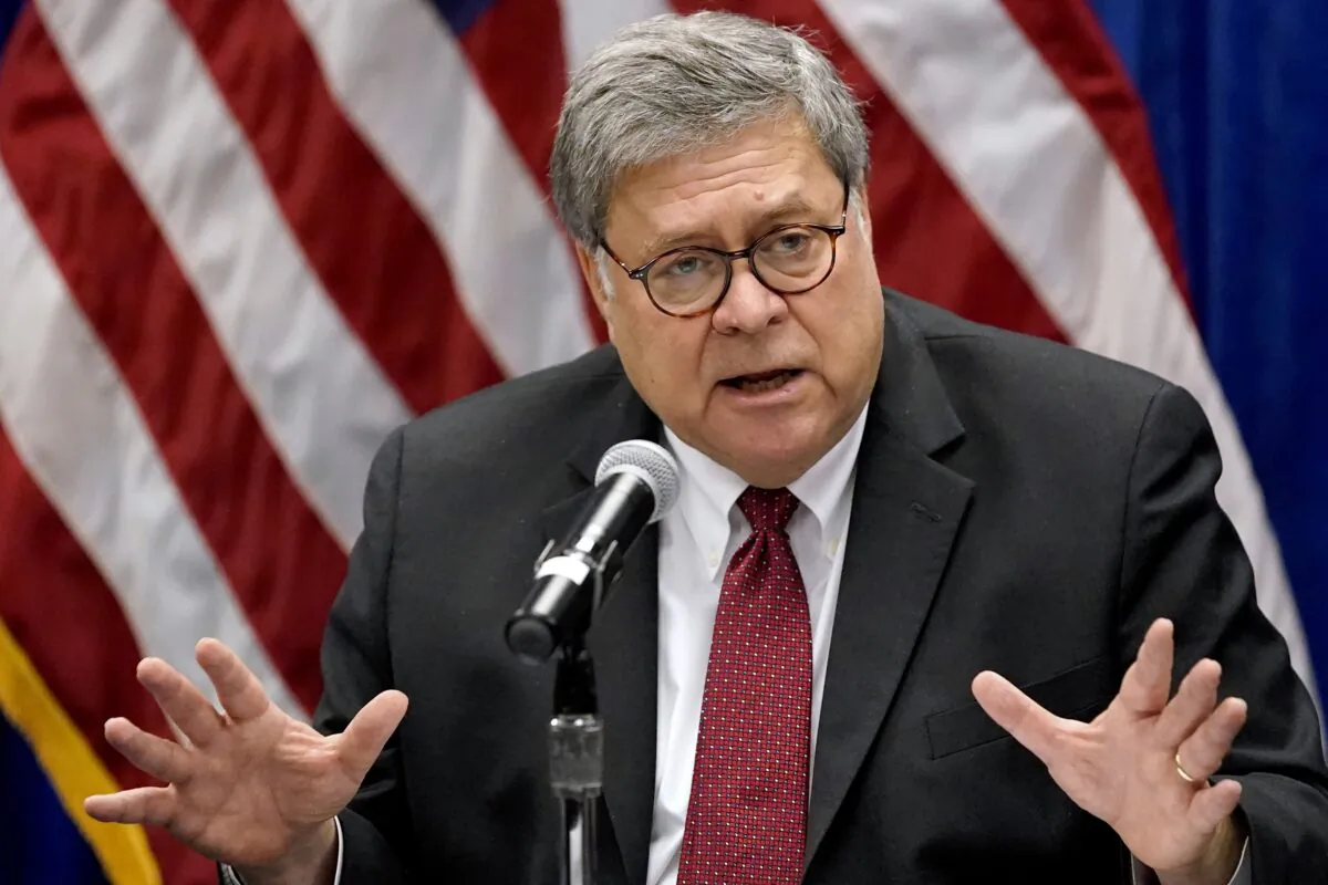 Attorney General William Barr speaks in St. Louis, Mo., on Oct. 15, 2020. (Jeff Roberson/AP Photo)