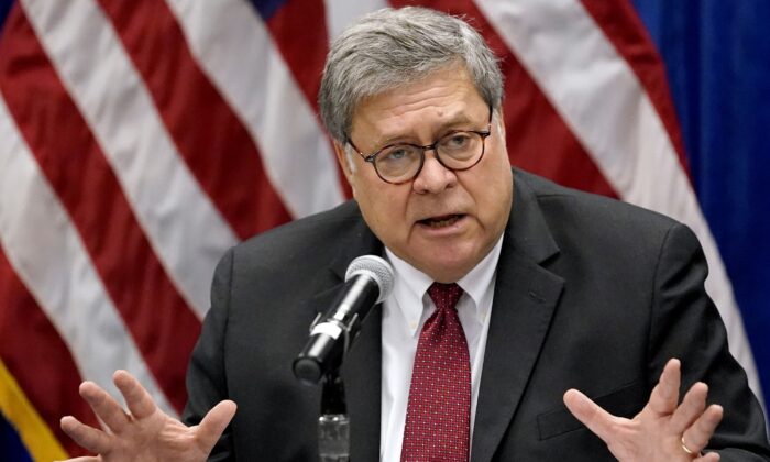Attorney General William Barr speaks in St. Louis, Mo., on Oct. 15, 2020. (Jeff Roberson/AP Photo)