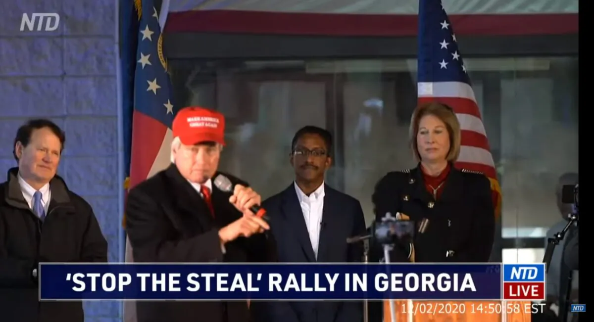 Lin Wood speaks at the "Stop the Steal" rally in Atlanta on Dec. 2, 2020. (NTD)