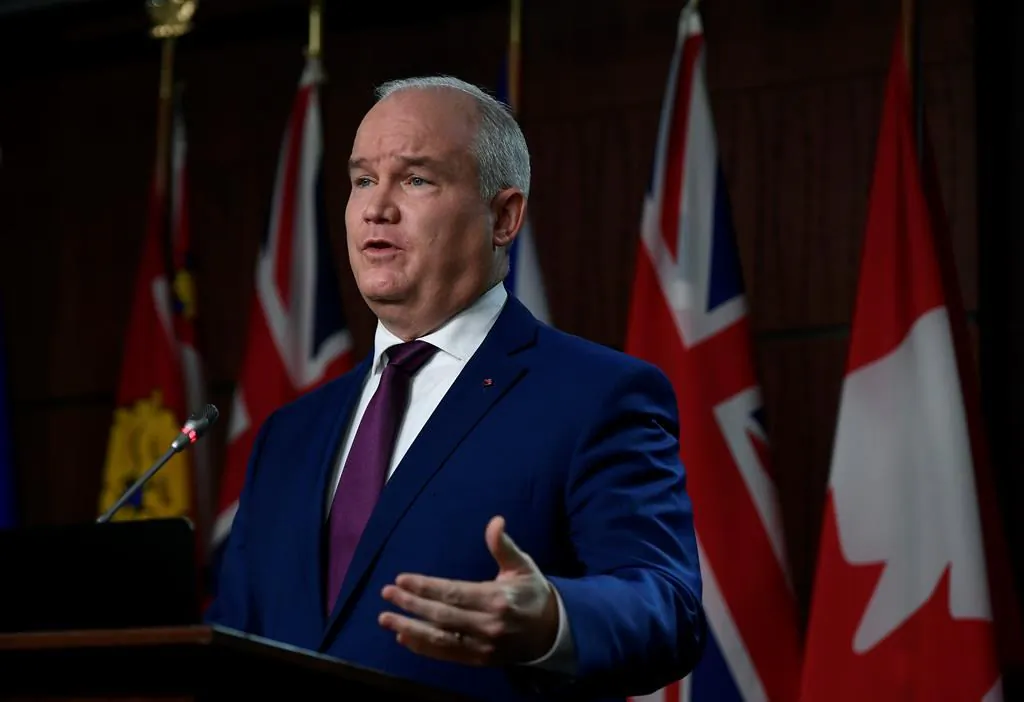 Conservative Leader Erin O'Toole speaks during a news conference on the Conservative Opposition Day Motion on Parliament Hill in Ottawa, on Dec. 3, 2020. (The Canadian Press/Justin Tang)